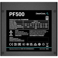 Black DeepCool PF500 power supply unit with 20+4 pin ATX connector, labeled specifications on top panel.