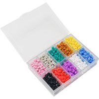 Clear plastic organizer with 12 compartments of colorful square tiles, including red, blue, yellow, and black.