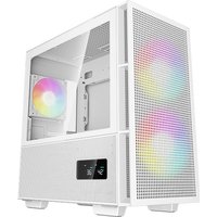 White DeepCool Micro Tower computer case with mesh front, tempered glass side, and RGB fans.
