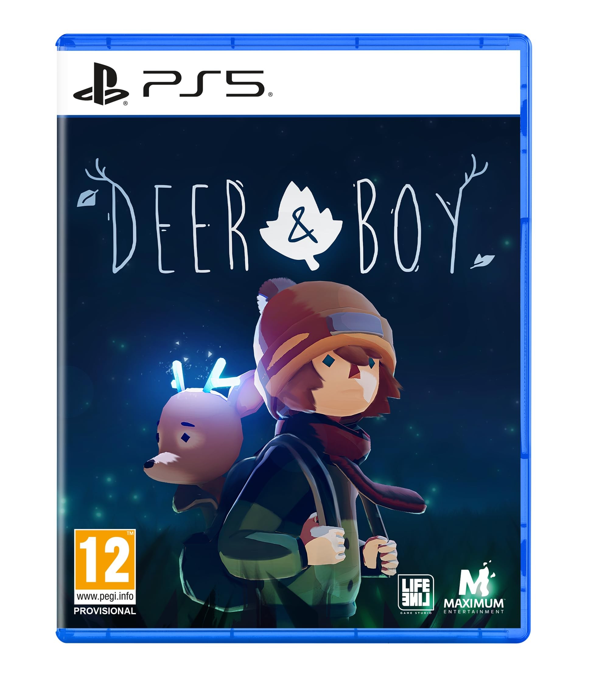 PS5 game case for "Deer & Boy" by MAXIMUM GAMES featuring a boy with a hat and a deer, set against a dark, starry background with a greenish hue.