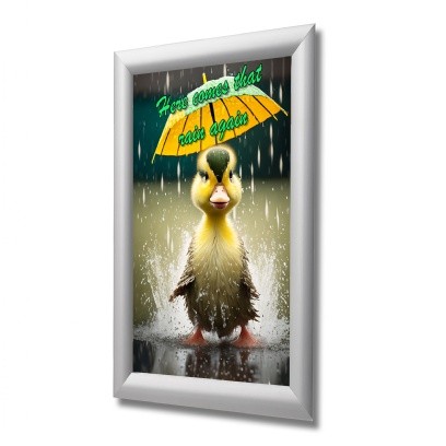A sleek, silver aluminum snap frame designed for wall mounting, featuring a water-resistant design and showcasing a colorful image of a duck under an umbrella.