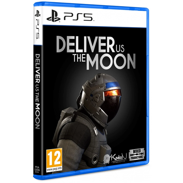Blue PS5 game case featuring "Deliver Us the Moon" title, with a dark cover showcasing an astronaut in a helmet and visor, and the WIRED PRODUCTIONS logo at the bottom.
