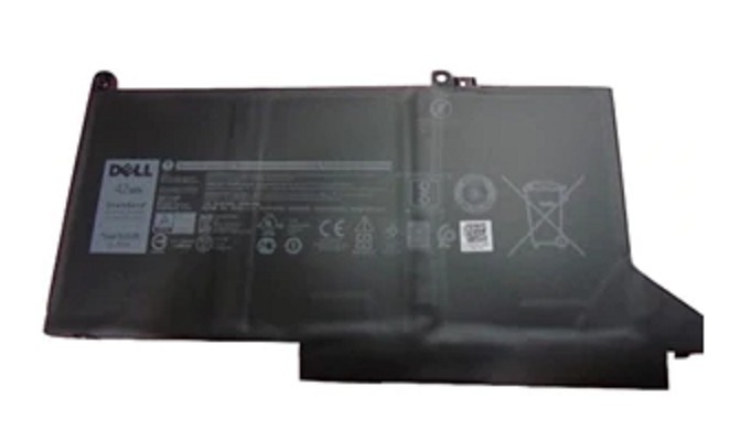 Black Dell 0NF0H laptop battery with labels, barcodes, and safety symbols, featuring a rectangular shape and multiple connection points.