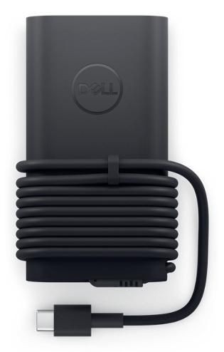 Black, slim power adapter with a coiled USB-C cable, featuring the Dell logo on the front, designed for efficient charging of devices.