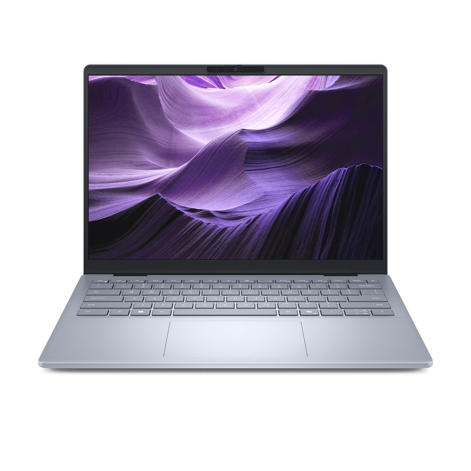 Sleek silver Dell 14 Plus laptop with a 14-inch 2.5K display, featuring a minimalist design, backlit keyboard, and Intel Core Ultra 5 processor, running Windows 11 Home.