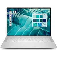 Dell 14.5" platinum laptop, slim bezel, backlit keyboard, running Windows 11 with vibrant screen display.