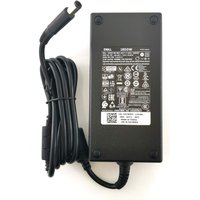 Black Dell 180W AC power adapter with attached cable and detailed label on top surface.