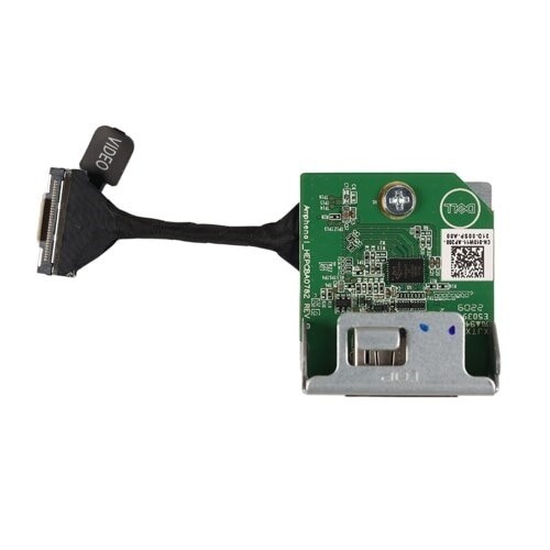Internal DisplayPort adapter by Dell featuring a green circuit board, metal casing, and a black cable connector for display integration.