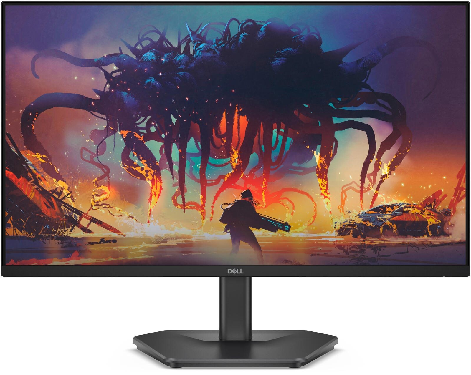 Dell SE2425HG 24" Full HD LCD monitor with a sleek black design, featuring a narrow bezel and a sturdy hexagonal stand, displaying vibrant colors in a dynamic graphic scene.