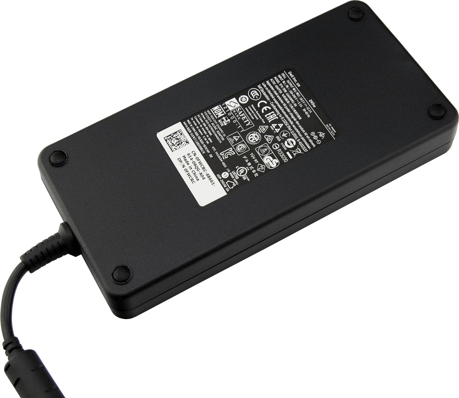Black rectangular AC adapter with a UK plug, featuring a barrel connector (7.4 x 5mm) and a label with technical specifications on the side.