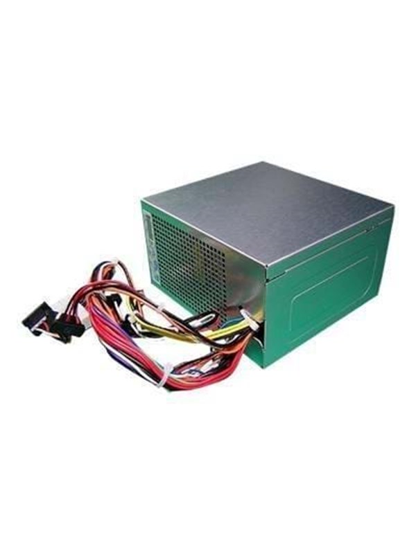 Green and silver DELL 265W Mini Power Supply with multiple colored cables extending from the back, featuring a vented metal casing and compact design.