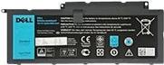 Black rectangular laptop battery with blue Dell logo, featuring labels and icons indicating specifications and safety information.