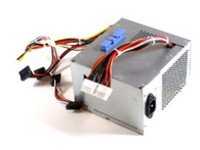 Silver metal power supply unit with multiple colored wires, including red, yellow, and black, featuring a blue connector and a rear power input.