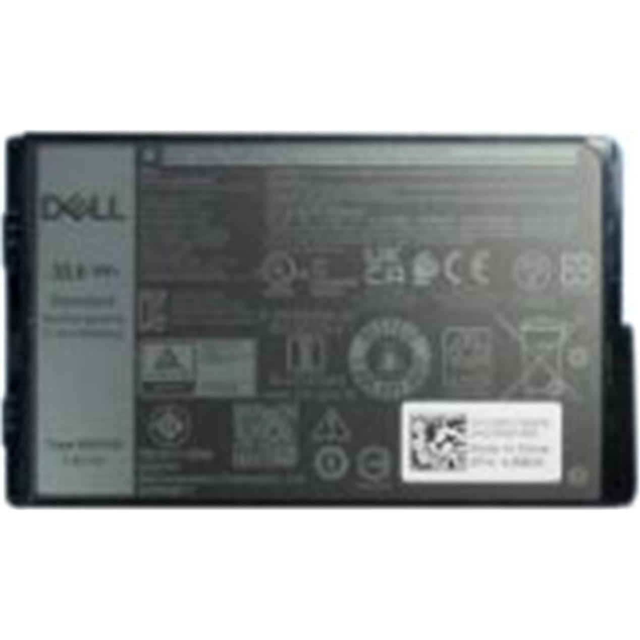Black lithium-ion battery with a silver label, featuring specifications and safety icons, designed for Dell laptops, marked with "35.6Wh" and various certification symbols.