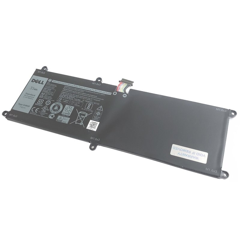 Dell 35WHR Lithium Ion notebook battery, featuring a sleek black casing, detailed labeling with technical specifications, and a connector cable for installation.