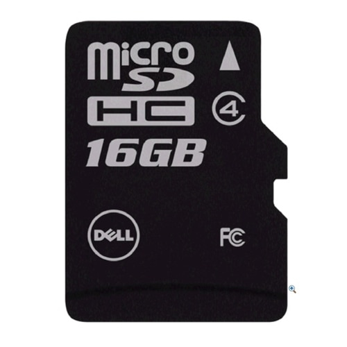 Black microSD card with "Micro SD" and "16GB" printed in silver, featuring the Dell logo and an arrow indicating orientation.