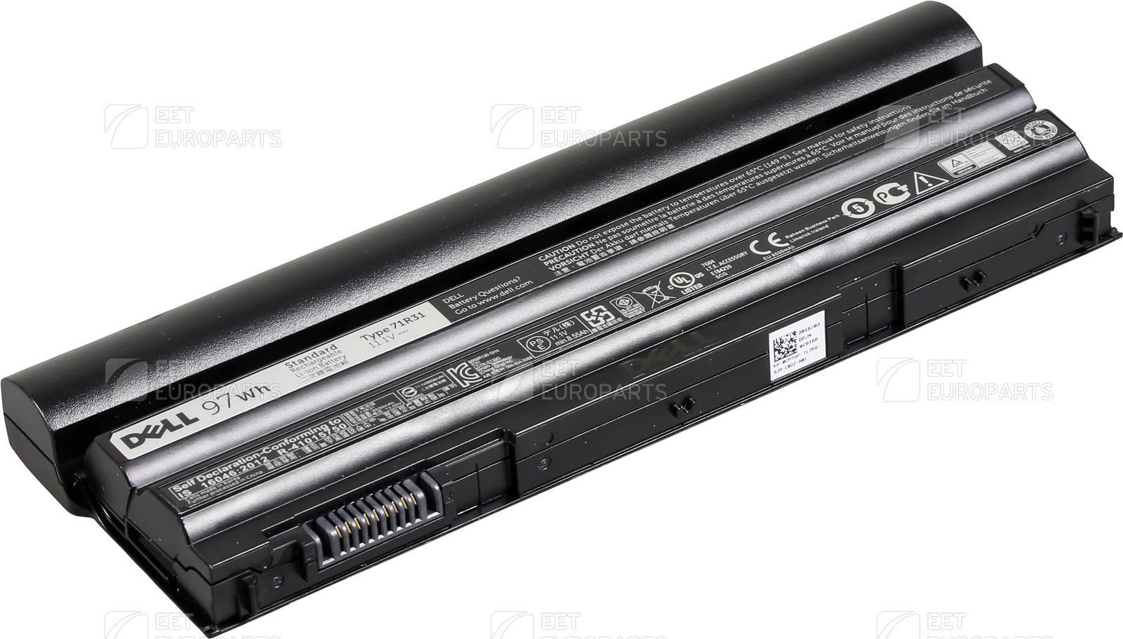 Black DELL 38CK3 laptop battery with a sleek design, featuring labels, barcodes, and various certification symbols on its surface.