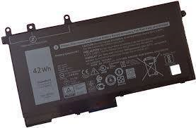 Black rectangular laptop battery with a label indicating 42Wh capacity, featuring multiple safety and compliance symbols, and connection points on one edge.