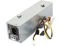 Silver metal power supply unit with a rectangular shape, featuring a ventilation grill, power connector, and multiple colored cables attached.