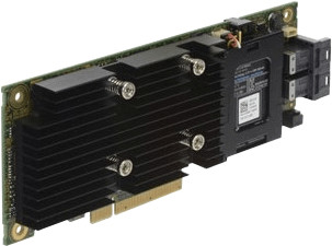 Black PCI Express RAID controller with a heatsink, featuring multiple connectors and a label, designed for efficient data management in Dell systems.