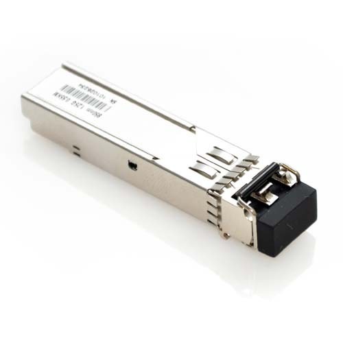 Silver metal network transceiver module with a black connector end, labeled with a barcode and model number, designed for fiber optic connections at 1000 Mbit/s.