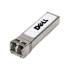 Dell 407-BBOO Network Transceiver Module SFP with a silver metal casing, featuring a white label with the Dell logo and a connector at one end for network connections.