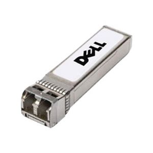 Silver and black DELL 407-BBOS Network Transceiver Module with a rectangular shape, featuring a white label with the DELL logo and a connector end for network connectivity.
