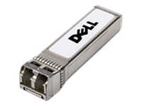 Silver metal SFP+ transceiver module with a white label featuring the Dell logo, designed for 10 Gbit/s network connections, featuring a connector at one end.