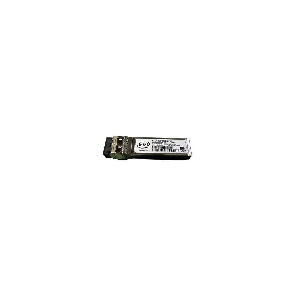 Dell 407-BBVJ Network Transceiver Module, compact metal casing, labeled with Intel logo, designed for 10,000 Mbit/s data transfer, featuring an SFP+ connector.