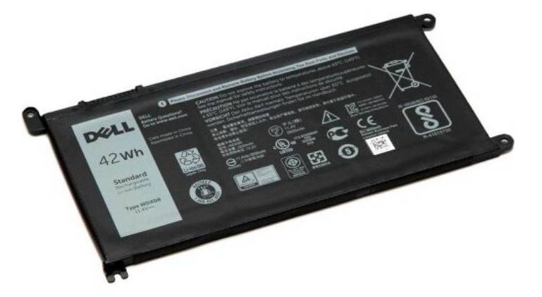 Black lithium-ion battery with a sleek design, featuring a silver label displaying "DELL 42Wh" and various safety symbols and specifications.