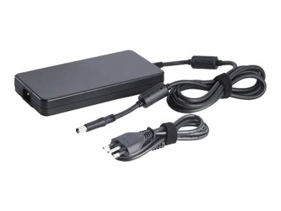 Black AC auto laptop charger by Dell with a rectangular design, featuring a power connector and two cables for connection.