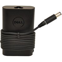 Black Dell power adapter with coiled cable and cylindrical connector, 65W, compact rectangular design.