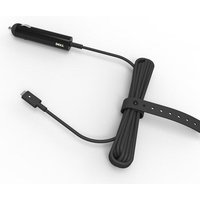 Black Dell 65W power adapter with car charger plug and long coiled cable secured by a strap.