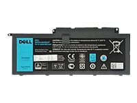 Black laptop battery with a blue label, featuring various certification symbols and specifications, designed for Dell laptops, with a sleek rectangular shape and multiple connection points.
