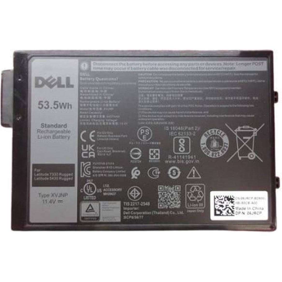 Black rectangular lithium-ion battery with a capacity of 53.5Wh, featuring labels and safety information, compatible with Dell laptops.