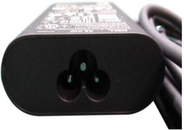 Black Dell 45W power adapter with a rectangular design, featuring a three-prong connector and a textured surface, ideal for charging compatible Dell laptops.
