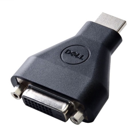 Black Dell A/V adapter featuring a male HDMI Type A connector on one end and a female DVI-D connector on the other, made of durable plastic with a smooth finish.