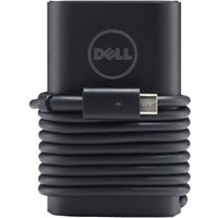 Black Dell power adapter with coiled cable, USB-C connector, and Dell logo on the front.