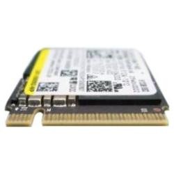 Dell 512GB M.2 2230 PCIe NVMe SSD featuring a compact design with a gold connector edge, black and white label with printed specifications and QR codes.