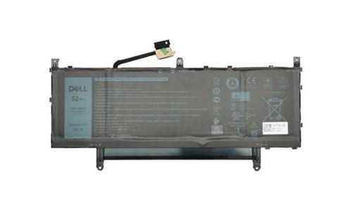 Dell 52Wh lithium-ion battery in a rectangular black casing, featuring printed specifications and a connector wire on one end.