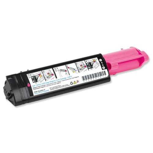 Magenta toner cartridge with a black body and bright pink end, labeled for Dell 3100, featuring installation instructions and a barcode on the side.