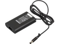 Black DELL 65W AC adapter with a barrel connector (7.4 x 5mm) and a UK plug, featuring a textured surface and a power cord attached.
