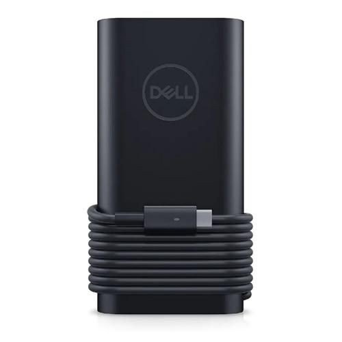 Black Dell 65W USB-C power adapter with a coiled cable, featuring the Dell logo on the front, designed for efficient charging of compatible devices.