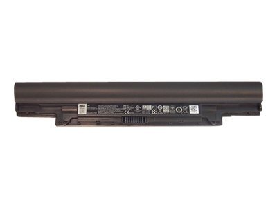 Black Dell 65Wh 6-cell battery featuring a sleek design, labeled with technical specifications and safety certifications on the side.
