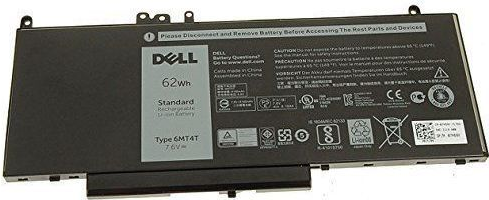 Black rectangular laptop battery with a silver Dell logo, featuring a 62Wh capacity label and safety instructions on a gray sticker.