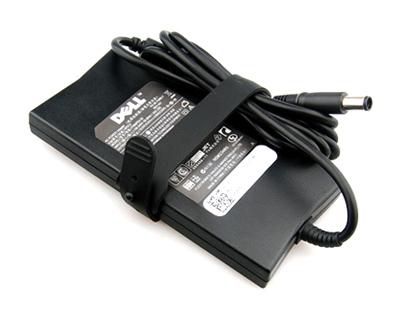 Black DELL 90W AC adapter with a 7.4 x 5mm barrel connector, featuring a UK plug and a bundled cable, labeled with technical specifications on the back.