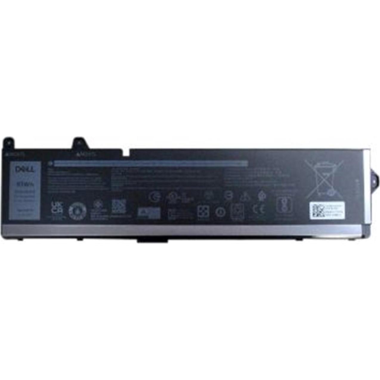 Black Dell 965V4 laptop battery with a sleek design, featuring labels and symbols for specifications, safety, and recycling information on the surface.