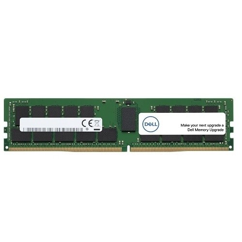 Green circuit board with a single 32 GB DDR4 ECC memory module, featuring black memory chips, a Dell logo, and a white label with product information.