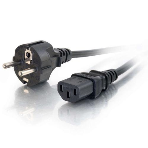 Black power cable with a 2-meter length, featuring a C13 coupler on one end and a CEE7/7 plug on the other, made of durable plastic material.
