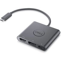 Black Dell USB-C adapter with HDMI, DisplayPort, and power pass-through ports, compact square design.